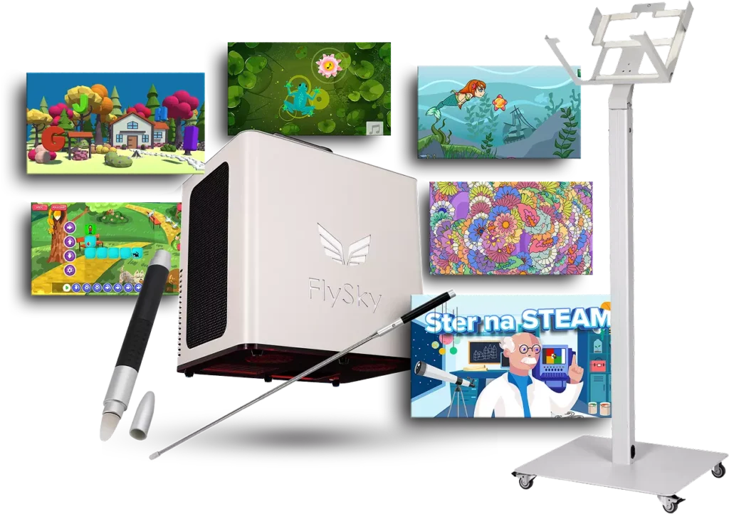 Obraz przedstawia polecany zestaw z podłogą interaktywną FlySky GO MAX w ramach programu "Cyfrowy uczeń".